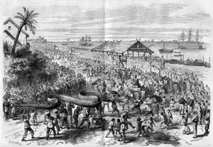 Cochinchine: vuotuinen lohikäärmekulkue, jonka Saigonin seurakunta järjesti vuonna 1865. tekijältä Unknown artist