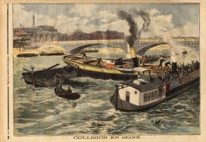 Törmäys Seine-joella englantilaisen höyrylaivan ja Pariisin omnibus-penichen välillä kuninkaallisen sillan korkeudella. Kaiverrus "" Le petit Journal" -lehdessä 7/02/1897. Selva Collection. tekijältä Unknown artist