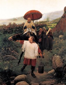 "" Yhdistä vuori "" Uskonnollinen Cortege vuorella. Mariano VAYREDA VILAN (1853-1903) maalaus. Espanja, Olot. Garrotxan aluemuseo. tekijältä Unknown artist