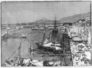 Kaupallinen alus ja arsenaali Toulonin satamassa (Var), Ranska. Kaiverrus "" Le Monde Illustré" -kirjassa tekijältä Unknown artist