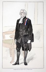 Poliisikomissaari vallankumouksen aikana (1789-1799). Etsaus väreillä, kuvituksena "" History of the Corps of Peacekeepers"" -kirja, joka on julkaistu Louis Lepinen (1846-1933) Seinen poliisin prefektin suojeluksessa, Alfred Rey (18). tekijältä Unknown artist