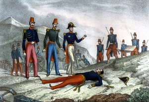 Algerian valloitus. Kenraali Danrémontin kuolema Konstantinuksen vangitsemisen yhteydessä. 13. lokakuuta 1837. Leon Galibertin teoksessa "Muinainen ja nykyaikainen Algeria". Italialainen painos 1846 värissä. tekijältä Unknown artist
