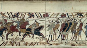 Conquete England, William Valloittaja (1027-1087) vuonna 1066, taistelukohtaus Normanin ratsuväen välillä lastaamassa Englannin kuninkaan Harold II:n saksien jalkaväkeä Yksityiskohta Bayeux