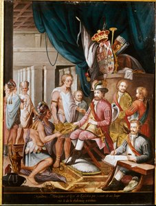 Meksikon valloitus: Montezuma (tai Moctezuma II), atsteekkien keisari (1466-1520) tarjoaa lahjoja valloittajalle Hernan Cortezille (tai Cortesille) (1485-1547) ja vannoo uskollisuutta Espanjan kuningaskunnalle. Anonyymi maalaus. Madrid. Amerikan museo. tekijältä Unknown artist