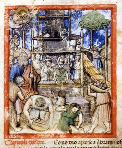 Baabelin tornin rakentaminen. Miniatyyrit Codex 212:sta (tai Padovano-koodista tai Padovan Raamatusta) 1390-1400 Rovigo, Accademia dei Concordi tekijältä Unknown artist