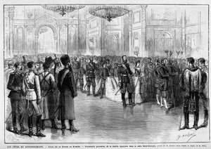 Kruunausjuhlat: grand ball tai kourka Kremlissä. Venäjän keisari Aleksanteri III:n (1845-1894) ja Tanskan impress Dagmarin (1847-1928) puolalainen kävelymatka St. George