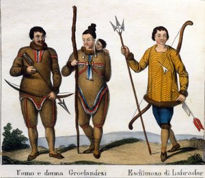 Puku. Vasemmalla: Grönlannin eskimopari lapsensa kanssa. Oikealla: Labradorin eskimo. Litografia 1800-luvun alussa tekijältä Unknown artist