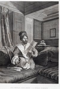 Puvut ja muotokuvat: Seyd Moustafa Pasha haavoittui Abouqyrin (Aboukir) taistelussa teoksessa "" Kuvaus Egyptistä", Imperial Publishing tekijältä Unknown artist