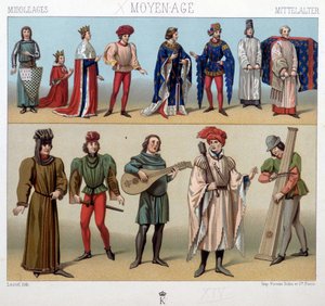 Puvut ja muusikot keskiajalla 1200-1400-luvulta. A. Racquetin teoksessa "Historiallinen puku". tekijältä Unknown artist