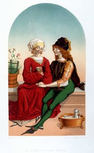 Kohtelias rakkauskohtaus keskiajalla. College - 1800-luvun jäljitelmä. tekijältä Unknown artist