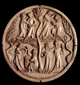 Kohteliaat rakkauskohtaukset. Ivory peililaatikon venttiilit. 1300-luvun alku. Himmeä. 11 cm. Pariisi, Louvre-museo tekijältä Unknown artist