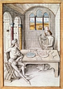 Käsityöt: harpputekijä. Instrumenttien valmistuspaja. Miniatyyri "The Fables of Bidpain" käsikirjoituksesta tekijältä Unknown artist