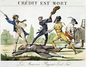 Luotto kuoli: huonot maksajat tappoivat sen - karikatyyri noin 1820 tekijältä Unknown artist