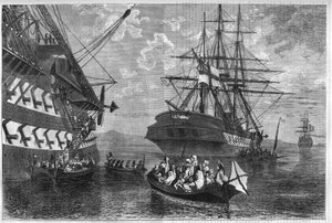 Kreetan kapina 1866-1869 (Kreetan saaren kapina Ottomaanien valtakuntaa vastaan): Kreetalaiset perheet hakevat turvapaikkaa neutraalien voimien laivoilla. Kaiverrus "" L