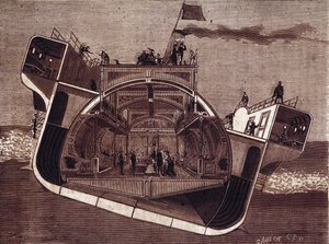 Henry Bessemerin (1813-1898) merisairautta vastaan suunnitteleman veneen poikkileikkaus. Kaiverrus 1800-luvulta. tekijältä Unknown artist