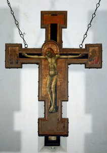 Ristiinnaulitseminen Anonyymi puumaalaus ristin selässä. 1400-luvun Varazze, Cappella del Castello Invrea Italia tekijältä Unknown artist