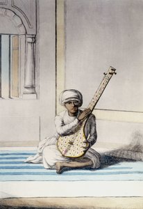 Kulttuuri, sivilisaatio ja intialainen yhteiskunta: Muusikko soittaa Thambourahia (Tamboura), perinteistä intialaista instrumenttia. Kaiverrus 1808. tekijältä Unknown artist