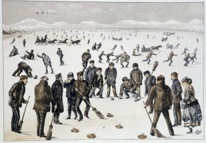 Curling jäätyneellä järvellä lähellä Halifaxia, Nova Scotia - "" Luonnokset kanadalaisista urheilu- ja ajanvietteistä", kirjoittaja Lieut. Henry Buckton Laurence tekijältä Unknown artist