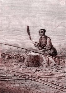 Bambun pikku palojen leikkaaminen, paperinvalmistus Kiinassa (3. vuosisata eKr.) (kaiverrus). tekijältä Unknown Artist