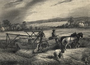 Cyrus McCormickin niittokone vuodelta 1831, esillä Crystal Palace -näyttelyssä vuonna 1851. tekijältä Unknown artist