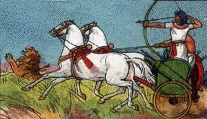 Arkielämää muinaisessa Egyptissä: faarao jahtaa leijonaa, 1900-luvun alku (chromo) tekijältä Unknown Artist