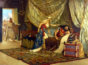 Dalila aikoo leikata Simsonin hiukset uudistaakseen hänen voimansa. 1800-luvulla. tekijältä Unknown artist