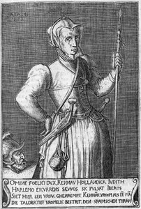 Dame Kenau Simonsdochter Hasselaer (1526-1588), Haarlemin (Hollanti) sankaritar espanjalaisia vastaan vuonna 1572 käydyn taistelun aikana. Kaiverrus 1600-luvulta samanlainen Judith of Holoferne. tekijältä Unknown artist