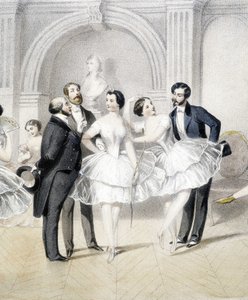 Tanssijat miesten ympäröimänä romantiikan aikakaudella - n.d. tekijältä Unknown artist