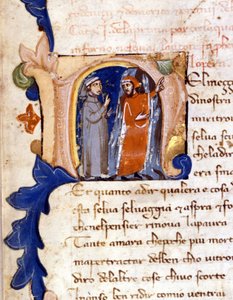 Dante ja Virgil helvetin sisäänkäynnillä. (lettrine "" N "") Incipit of Hell of a Divina Commedia (jumalallinen komedia) 1300-luvun Milanossa, Trivulzian kirjasto. (Keskellä elämämme matkaa...) tekijältä Unknown artist