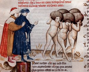 Dante ja Virgil katsomassa kreiviä ja Umberto Aldobrandeschia Oderisi da Gubbioa (laulu 11 Kiirastulesta jumalallisessa näytelmässä) - miniatyyri 1400-luku tekijältä Unknown artist