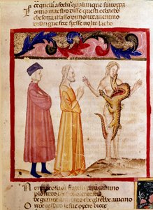 Dante ja Virgil tapaavat syntisen sielun, joka on tuomittu lohikäärmeen syömäksi. Valaistu sivu, joka havainnollistaa Hell-laulua Dante Alighierin (1265-1321) "Divina Commediasta". 1300-luku, Venetsia, Biblioteca Marciana tekijältä Unknown artist