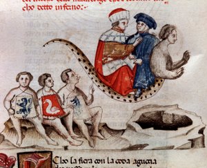 Dante ja Virgil ratsastavat Geryonin selässä (laulu 17 helvetistä, jumalaisessa näytelmässä) - pienoismalli 1400-luvulta tekijältä Unknown artist