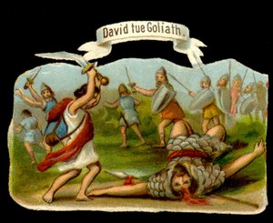 Daavid ja Goljat: Daavid tappaa Goljatin epeellä. 1800-luvun kromolitografia. tekijältä Unknown artist