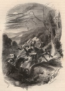 Indutiomarus (Induziomaro) Trevires-päällikkö kuoli, Rooman armeija tappoi vuonna 53 eaa. Kaiverrus vuodelta 1868 Theodore Justen (1818-1888) teokseen "Histoire de Belgique primitiivistä Leopold I:n hallituskauden loppuun". Yksityinen kokoelma. tekijältä Unknown artist