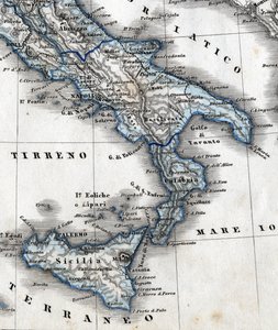 Yksityiskohta maantieteellisestä kartasta, joka edustaa Etelä-Italiaa (Campania, Calabria, Sisilia, Puglia, Molise Abruzzo). 1800-luvulla tekijältä Unknown artist
