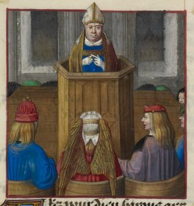 Yksityiskohta miniatyyrikuvasta papista, joka saarnaa Venuksen armeijalle, Le Roman de la Rosesta tekijältä Unknown artist