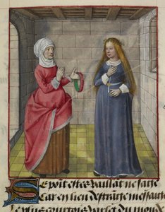 Yksityiskohta pienoiskoosta la Vieillestä (Duenna) ja Bel Accueilista (Fair Welcome), Le Roman de la Rosesta tekijältä Unknown artist