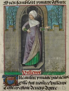 Yksityiskohta Vilenien (Villainy) allegorisen hahmon pienoismallista folion toisessa sarakkeessa "Le Roman de la Rose" tekijältä Unknown artist