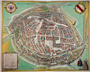 Yksityiskohtainen kartta Strasbourgin kaupungista, jonka on tehnyt Abraham Hogenberg (n. 1608-1653). Kaiverrus 1600-luvun Pariisista B.N. tekijältä Unknown artist