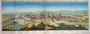 Yksityiskohtainen näkymä Rouenin kaupunkiin Normandiassa. Kaiverrus 1600-luvulta. Paris B.N. tekijältä Unknown artist