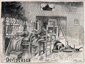 Devideuses - Atelier de Canut - silkkikutojan työpajan sisustus Lyonissa kaiverrus "Le Progres illustrious" -kirjassa vuodelta 1895 tekijältä Unknown artist