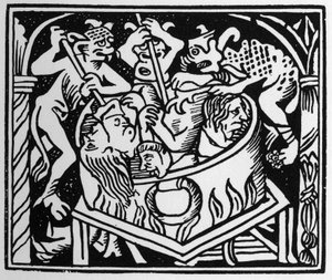 Paholaiset piinaavat reheviä tulen ja rikin kaivossa - "" Grand Calendrier et Compost des Bergersissä", Lyon tekijältä Unknown artist
