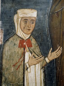 Hurskas Saramalyna Anastasia 1300-luvun vaatteissa, fresko Asinoun Neitsyt Marian Bysantin kirkossa (1200-luku) (Unescon maailmanperintöluettelo, 2001), Troodos-vuoristo, Kypros. tekijältä Unknown artist