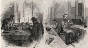 Timanttileikkaus työpajassa Alankomaissa: halkaisukoneet ja kiillotuskoneet - Kaiverrus ”” Le Monde Illustré”” tekijältä Unknown artist