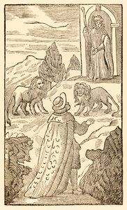 Vaikeus on takana, pelko on ennen elokuvasta Pyhiinvaeltajat edistyvät tästä maailmasta, siihen, mikä on tulossa, kirjoittanut John Bunyan (1628-1688) Christian kulkee leijonien välissä, kun portteri katselee valppaana tekijältä Unknown