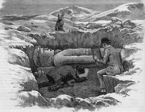 Discovered the colossal statue of Rhamses II. Hieroglyphs are calculated using a mirror reflection. Engraving from 1886. tekijältä Unknown artist
