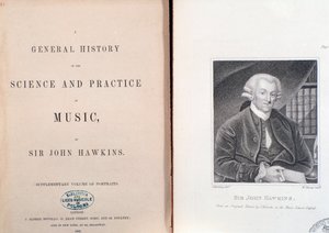 John Hawkinsin teoksessa General History Of The Science and Practice Of Music, tuplasivu ja etukappale tekijältä Unknown artist