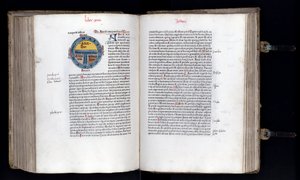 Kaksoissivu kaavamaisella maailmankartalla T-O (TO) -mallilla, kolme maanosaa on edustettuna (Aasia, Afrikka ja Eurooppa). Käsikirjoitus "" Ethymologies"" (Etymologiae) kirjoittaja Isidorus (Isidore of Sevilla) (560/570-636) 1100-luku. 1472 tekijältä Unknown artist