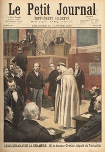 Tohtori Grenier, Pontarlierin edustaja, äskettäin islamiin kääntynyt, aiheuttaa skandaalin menemällä edustajahuoneeseen arabipuvussa. Kaiverrus "" Le petit Journal" -lehdessä 24/01/1897. Selva Collection. tekijältä Unknown artist