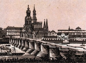 Dresden, Saksa: näkymä Augustus-sillalle Dresdenissä. kirjassa "" Maailma havainnollistaa 168 näkymää"" Päiväämätön (1800-luvun loppu) tekijältä Unknown artist